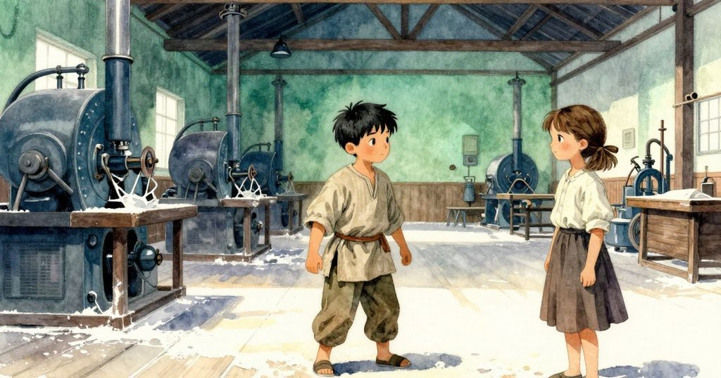 廣角展示充滿動感的磨坊內部，機械齒輪運動不息，麵粉隨風飄散，細節豐富的工業氛圍映入眼簾