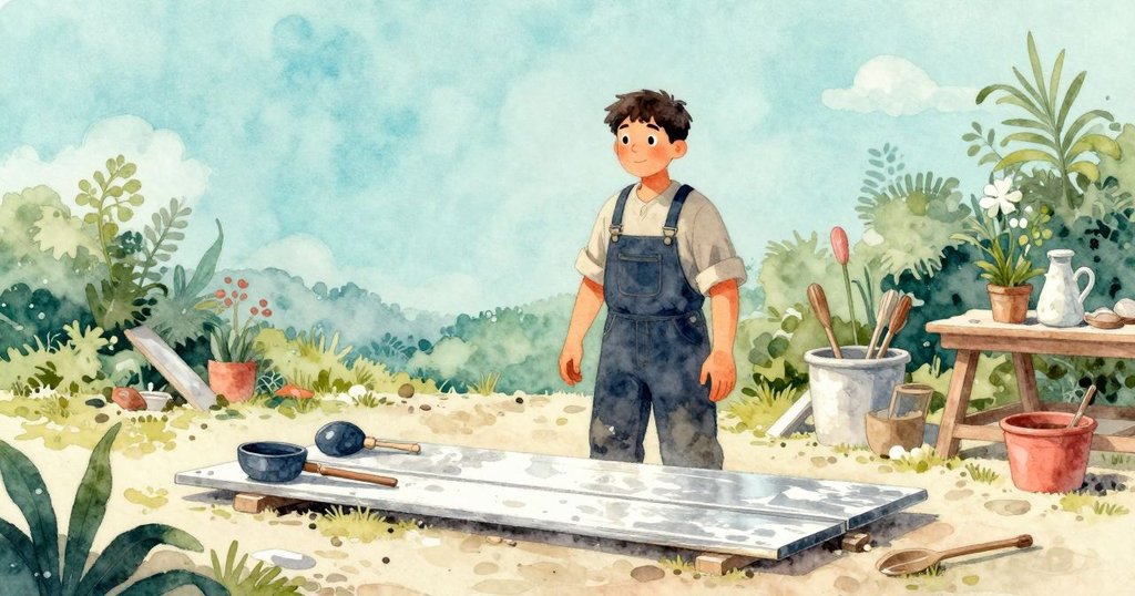 Alden 靜靜站在戶外作坊中,凝視銀灰木板與工具,氛圍寧靜溫暖,等待創作開始。