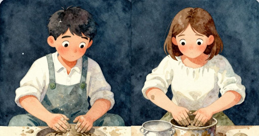 金屬篩網與凹陷鍋特寫展示時間痕跡,細膩質感勾勒出工具歷史與創作故事。