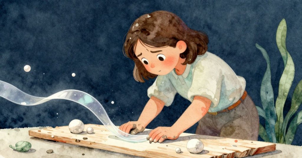 Bethan 專注觀看透明泥帶在木板上流動反射,展示創作過程中堅持與靜謐美感。