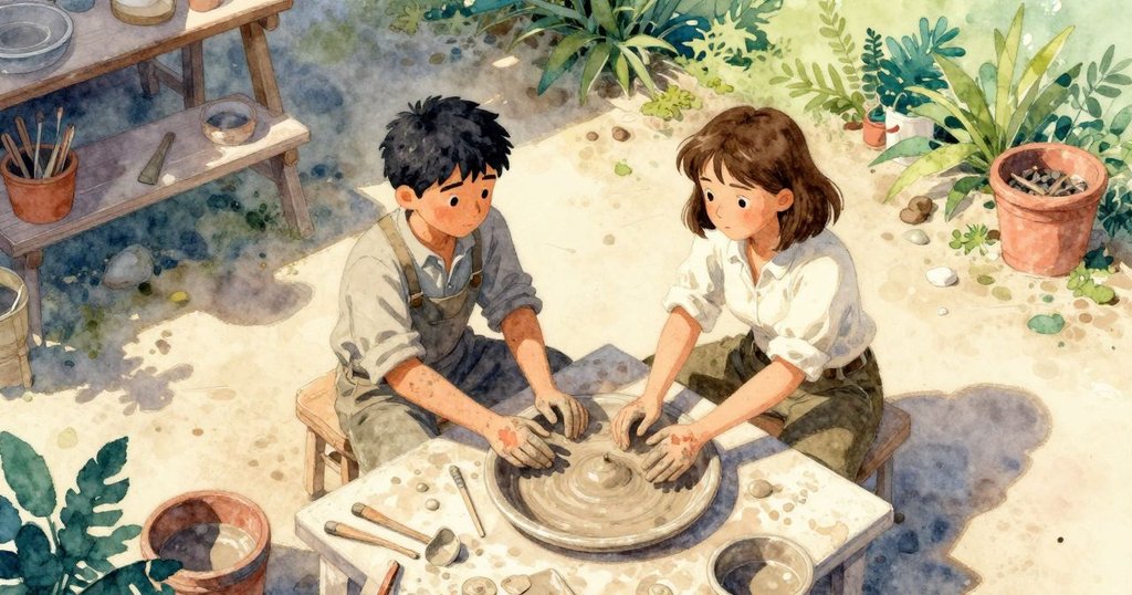 從高處俯瞰戶外作坊,Alden 與 Bethan忙碌於工作,工具整齊陳列,自然光影營造溫馨場景。