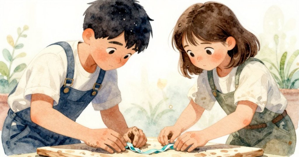 Alden與Bethan停下欣賞細膩泥帶與閃爍水珠,滿懷成就感與休憩心情,溫柔告別創作現場。