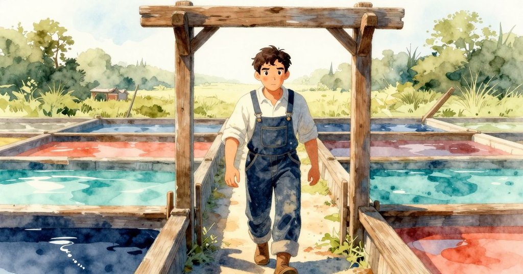 文斯從木製門框走入染布庭院，光線溫暖，庭院中有染料桶和晾曬架，他滿懷期待與專注。