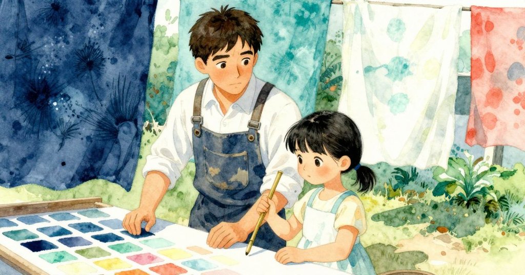 文斯細心浸染布，傑瑪排列色樣對比鮮明，庭院內工具整齊，兩人各展專注，傳統工藝氣息濃厚。