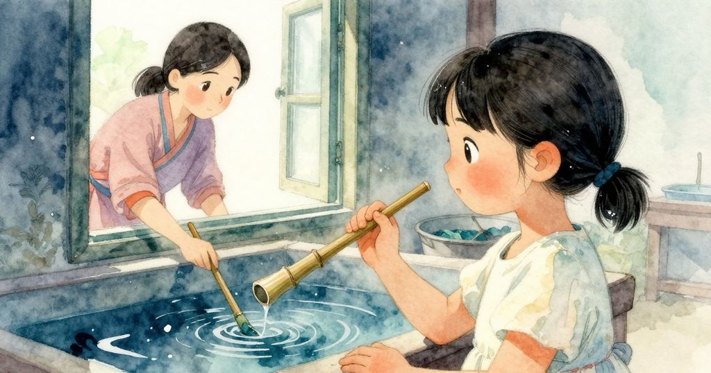 傑瑪透過窗戶凝視染布作業，沉思中展現柔和光線，室內外景交融，靜謐且專注。