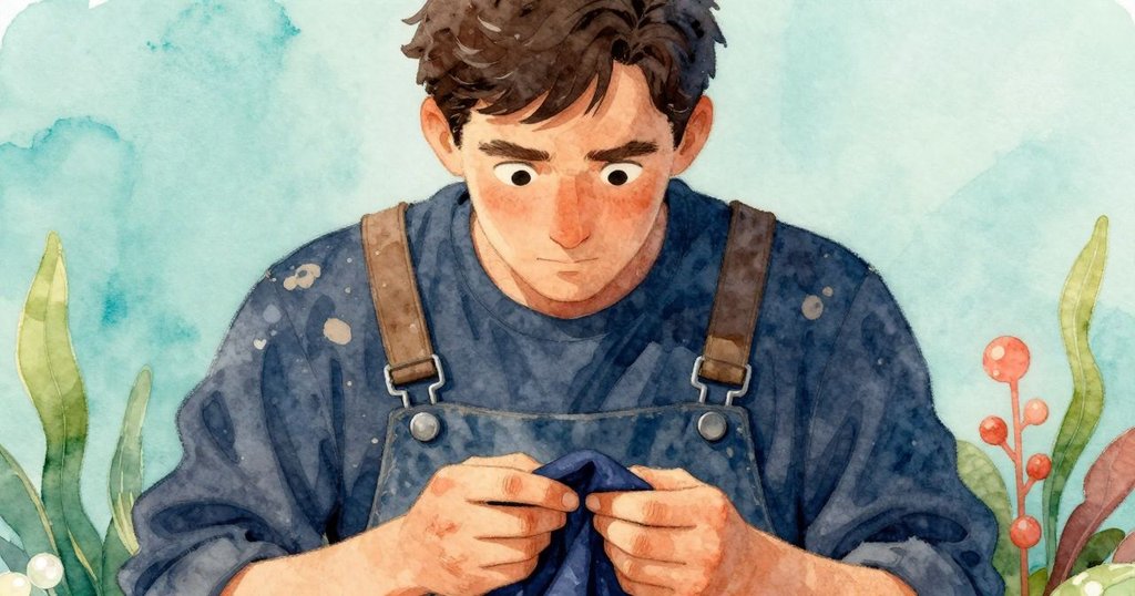 文斯臉上流露喜悅與滿足，雙手穩定呈現深藍染布成功細節，表情專注，自信滿滿。