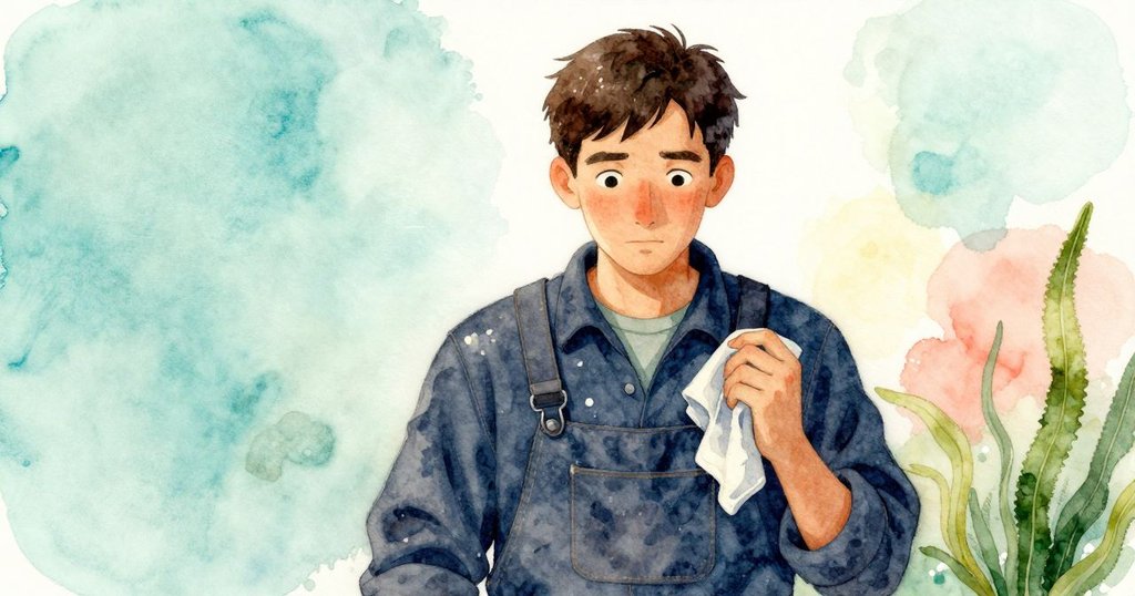 文斯結束工作後靜坐休息，手臂上搭著濕布，臉上流露平靜與滿足，庭院氛圍溫馨寧靜。