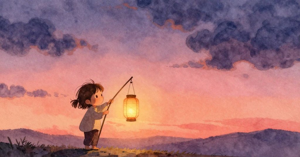 烏爾莎在傍晚金光中走在鋪滿落葉的小徑上, 魚形燈籠搖擺, 影子勾勒出溫暖輪廓展現期待