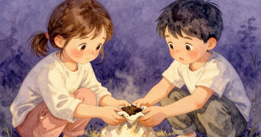 烏爾莎雙手輕握著布袋, 細膩土壤逐漸填滿袋口, 展現出安心細緻的工作情境