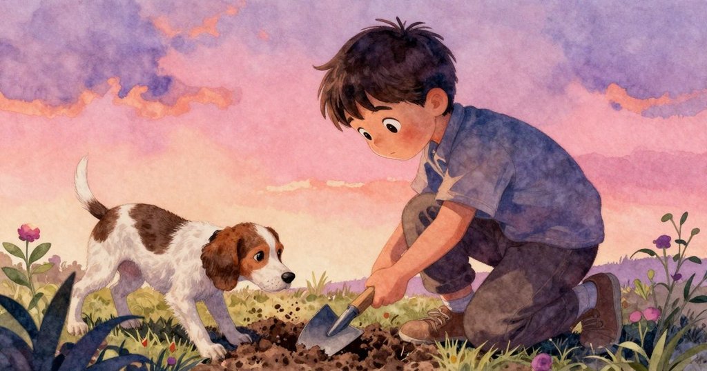 拉斐爾蹲在花壇邊用鏟子挖土, 旁邊小狗輕觸落葉, 傍晚溫暖光線下動感十足