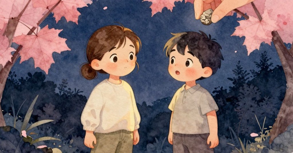 拉斐爾發現帶螺旋紋理化石碎片, 烏爾莎露出驚奇好奇眼神, 夕暮時分充滿溫柔歷史感