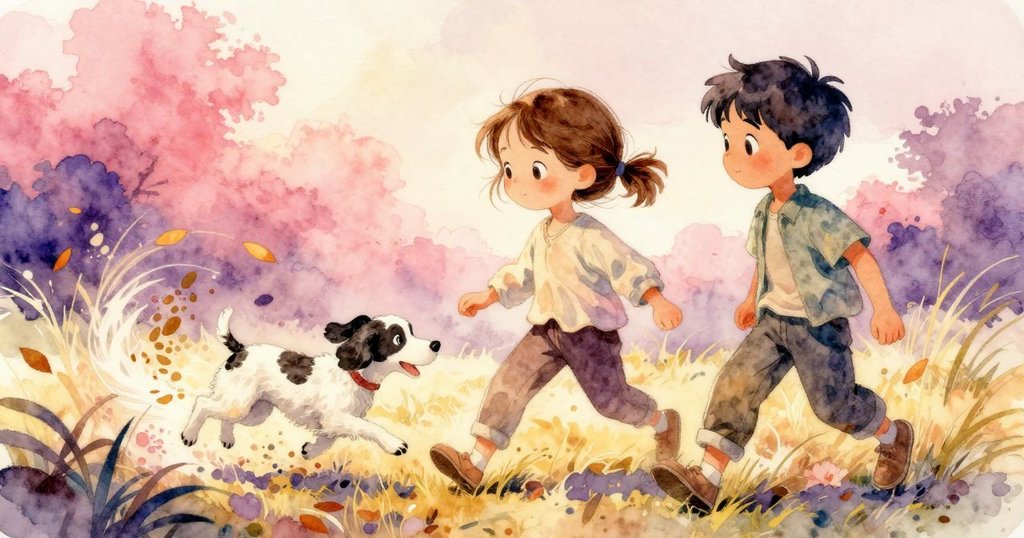 小狗充滿活力追逐旋舞落葉, 烏爾莎與拉斐爾背景工作, 黃昏光線中洋溢快樂動感