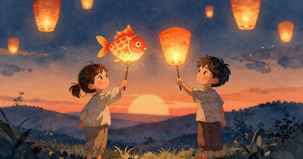 魚形燈籠終於穩定搖擺, 紅黃燈鰭映出光影, 烏爾莎和拉斐爾滿懷溫暖微笑, 傍晚燈火輝映展現結局