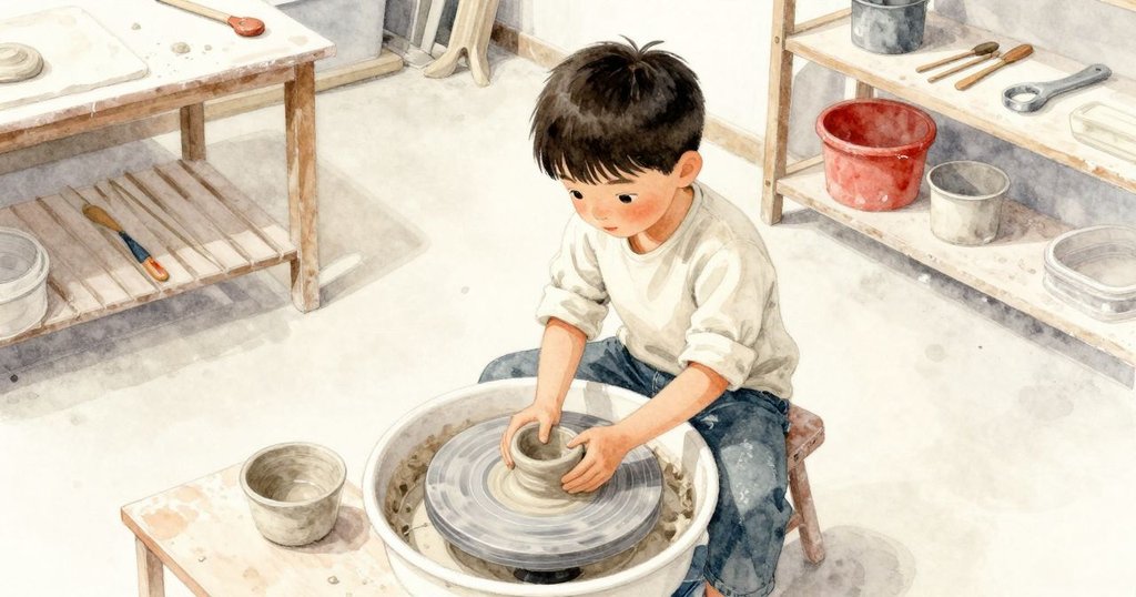 赫克托在工作室陶輪前忙碌操作，房間內散佈工具及晾乾架，他專心且充滿期待。
