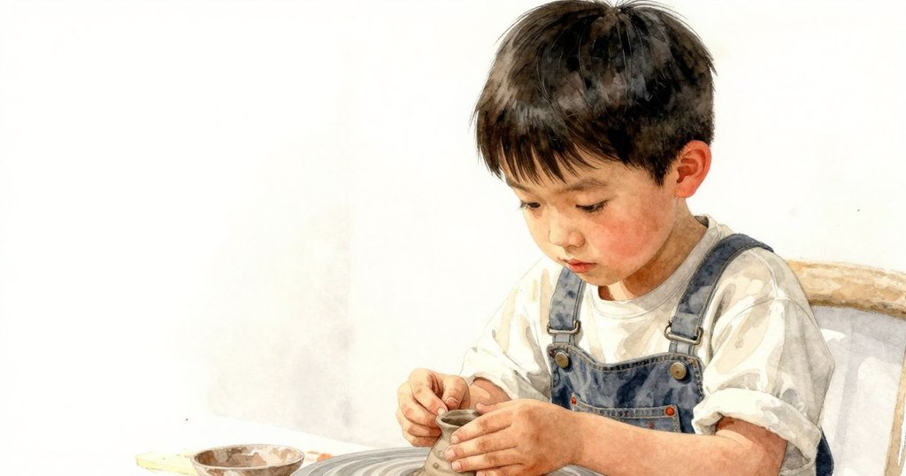 赫克托眼神專注，面部特寫呈現努力與專注，背景模糊呈現陶輪及泥土細節。