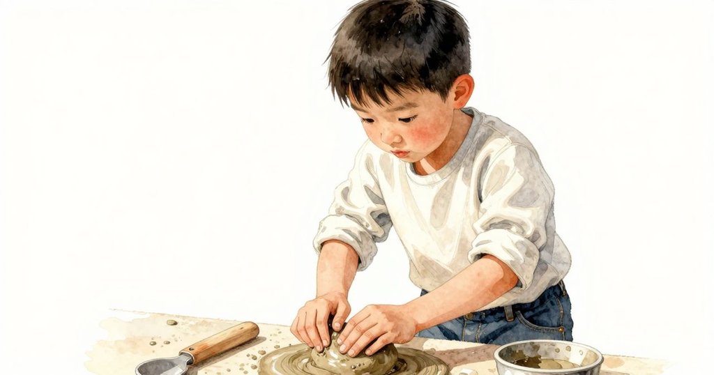 從赫克托視角看見雙手操作木製輔具，細緻地塑造旋轉中的陶器，畫面充滿溫暖室內光。