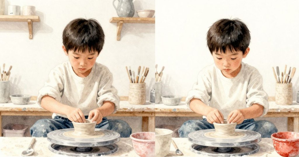 赫克托面臨陶泥挑戰，左側真實呈現困惑神情，右側理想形狀浮現，背景有晾架及推車。