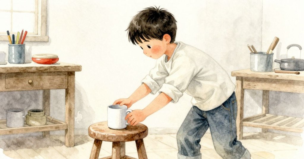 赫克托在陶藝室內調整凳子並推正歪斜杯子，他專注踏實，動作充滿決心與柔和光線。