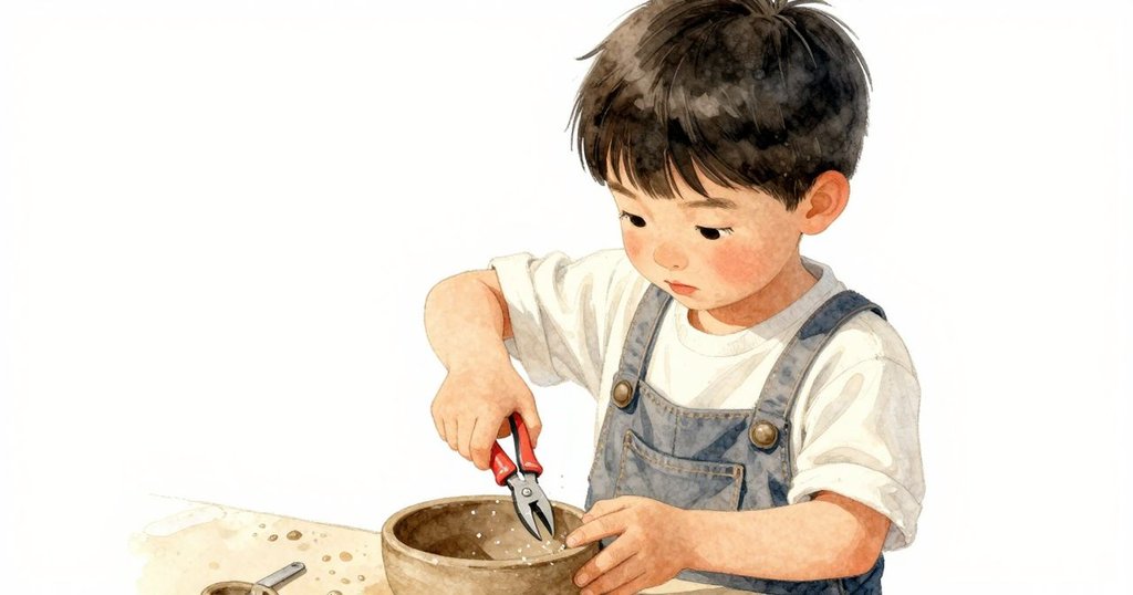 赫克托細緻操作鋼絲刀，輕柔切割陶器邊緣，同時灑上水霧，手部動作穩健展現成就感。