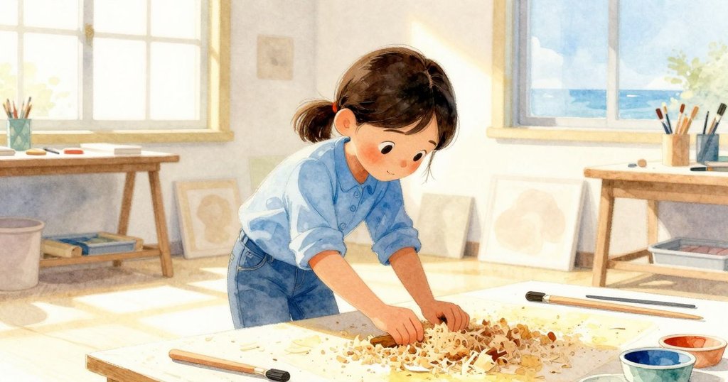 科琳在工藝室內操作松木屑,透過窗戶映出她專注與創意的倒影,光線明亮,充滿溫暖感。