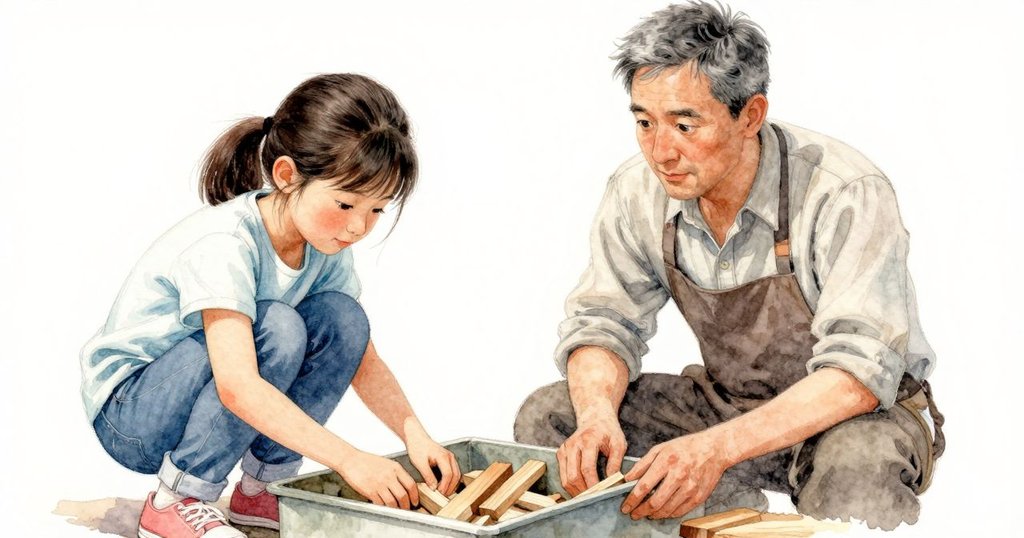 科琳彎腰檢查掉落的木屑容器,周圍散落著木片與工用材料,旁邊導師注視工作室情景。