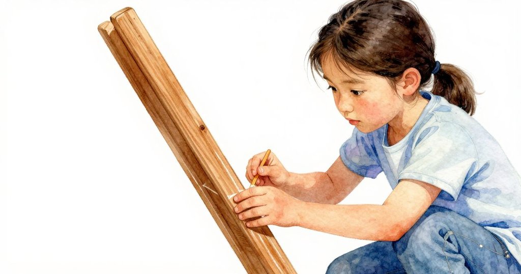 科琳專注檢查板材上傾斜的新黏合處,利用粉筆細描其線條,光線柔和,呈現工藝細節。