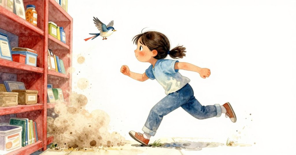 科琳急奔向供應區,塵埃飛揚中小麻雀俯衝拾取稻草緞帶,動態場景充滿緊張感與生動細節。