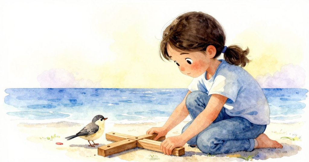 科琳靜立欣賞稍微歪斜的木接合處,小麻雀帶著緞帶象徵自然與工藝間微妙連結,畫面平和深思。