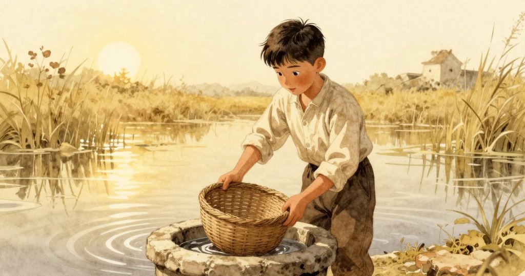Dashiel 正在戶外濕地將籃子裡的水晶倒入石盆中，水波閃爍，神情專注，呈現開端情景