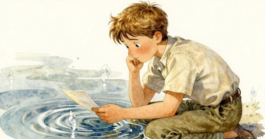 Forrest 靠近石盆，用筆記本遮擋陽光觀察閃耀水晶，展示物品細節，情景進入發展期