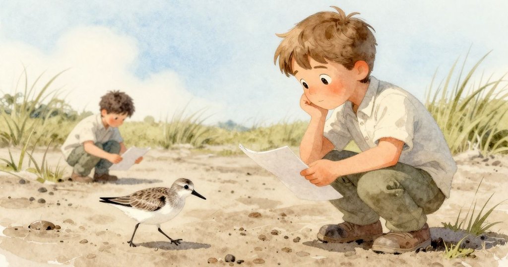 Forrest 蹲下仔細觀察沙鷸在黏土上行走，軌跡細緻，展現自然細微之美，情節逐漸深入