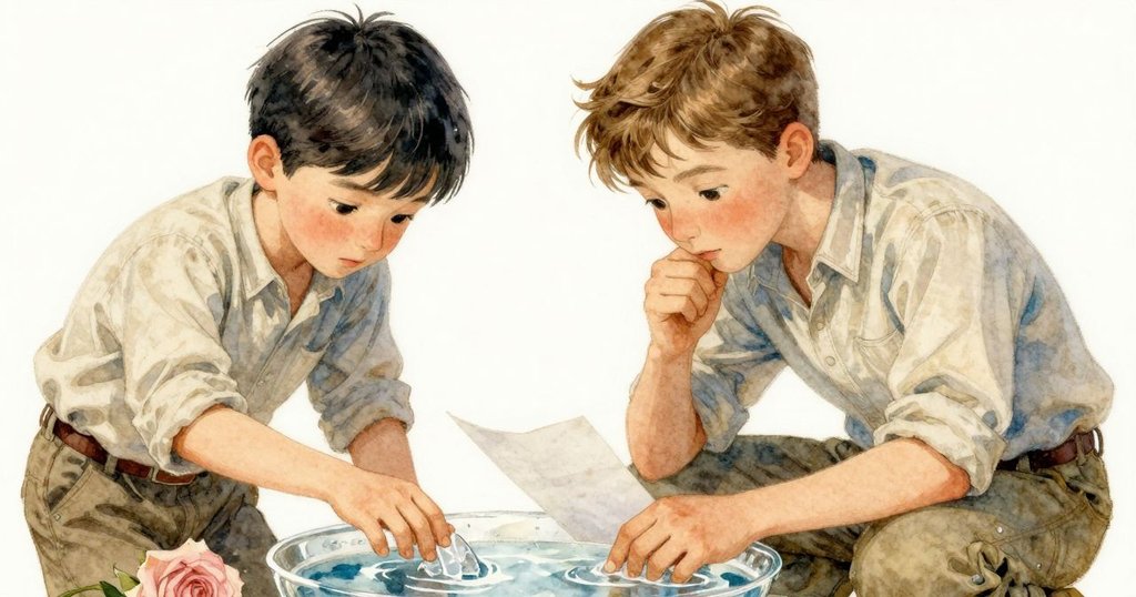 Dashiel 蹲下輕觸水面上稀薄的水晶層，Forrest 輕敲耙子傳達訊息，刻劃專注發現瞬間