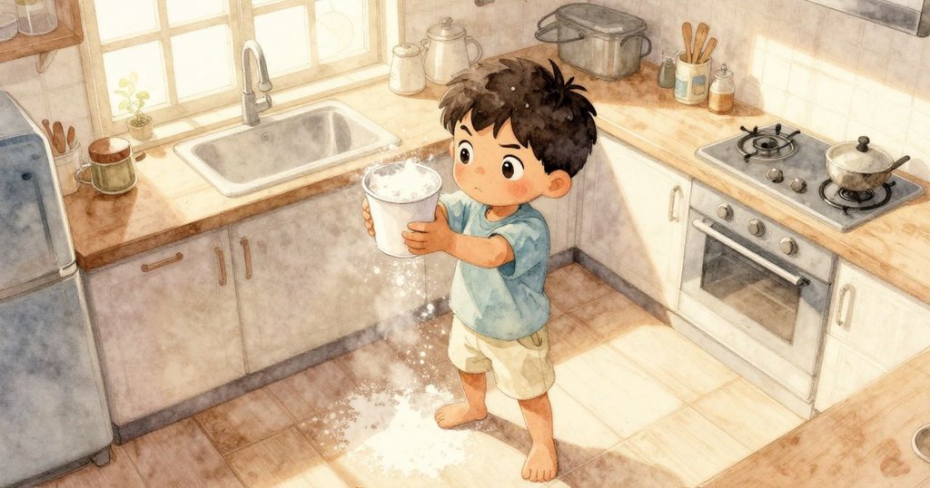 Kit舉著杯子, 廚房內溫暖陽光灑落, 從上方看見粉末閃爍展現故事開端與環境細節