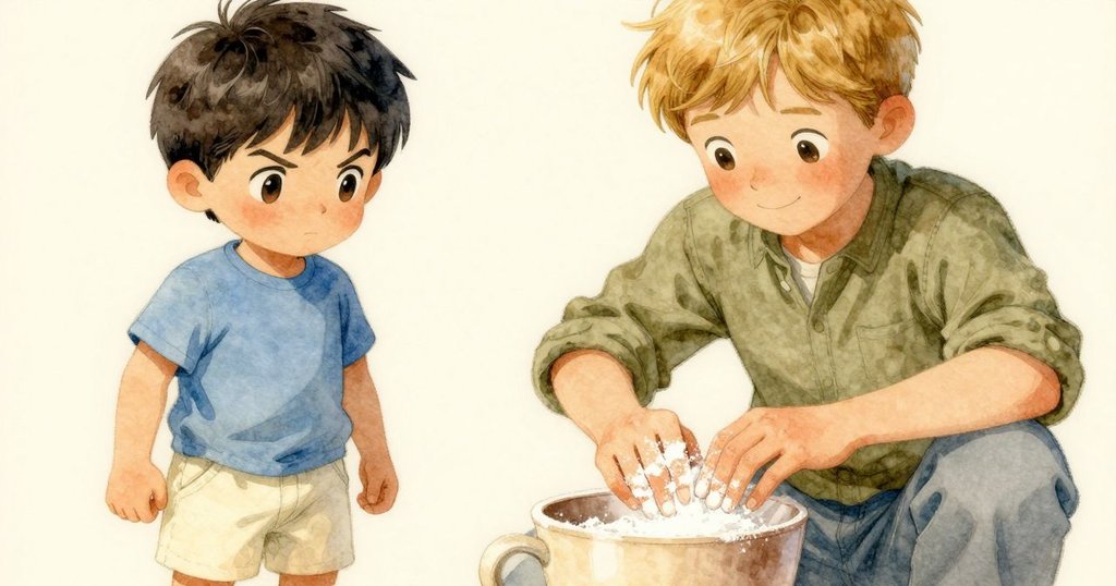 Kit專注清理杯沿上麵粉, 特寫展現物品質感與細微互動, 呈現廚房溫馨情景