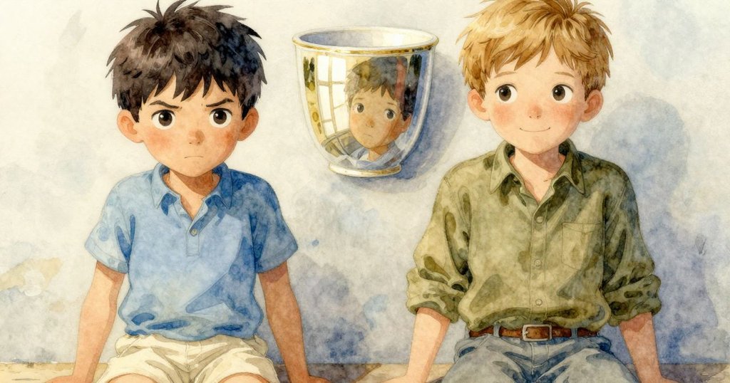 透過杯面反光, 看見Kit堆疊杯子時專注表情與窗外光影, 呈現關鍵發展瞬間