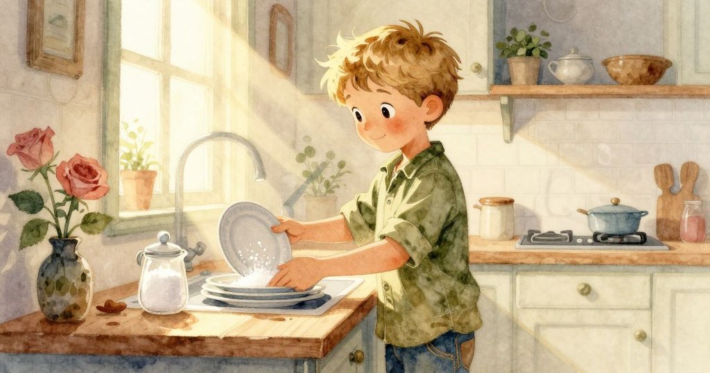 Heath在廚房內忙碌擦拭盤子, 陽光透入映照糖粒與籃子, 呈現溫暖家居氛圍與過渡情節