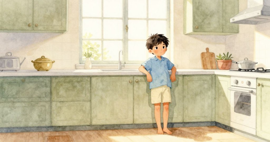 Kit坐在窗邊神情平靜, 廚房內滴水聲與泡沫悠然浮動, 故事平靜結尾, 呈現安穩氛圍