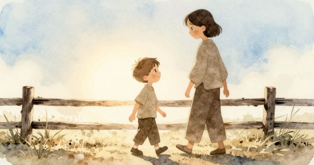 Clyde 與大人走在鄉村柵欄旁，背景明亮溫暖，飄落的白羽毛營造出故事開端的神秘感，氣氛輕快愉悅。