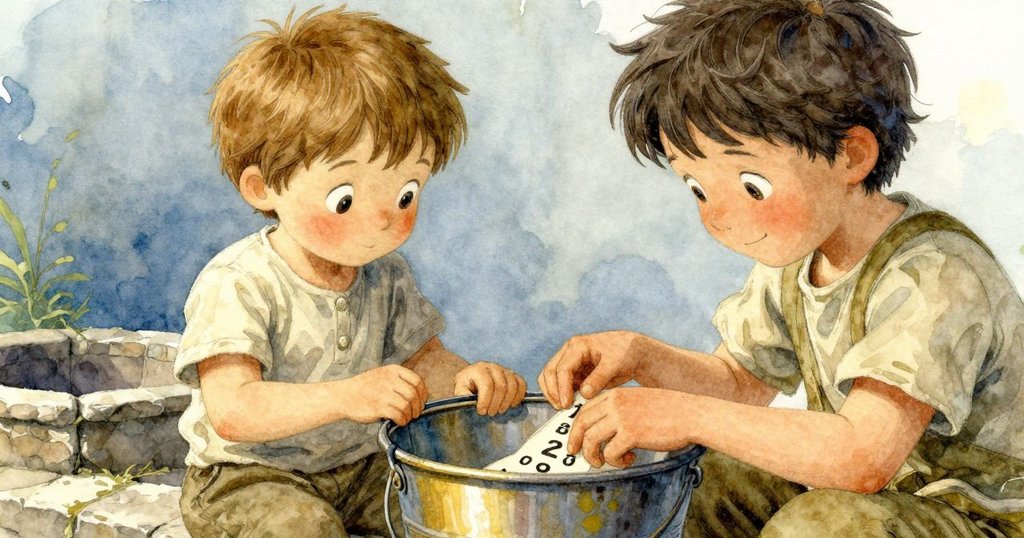 大人專注地閱讀桶上細小的數字，雙手輕觸操作，Clyde 在一旁好奇觀看，背景中石槽與陽光相映成趣。