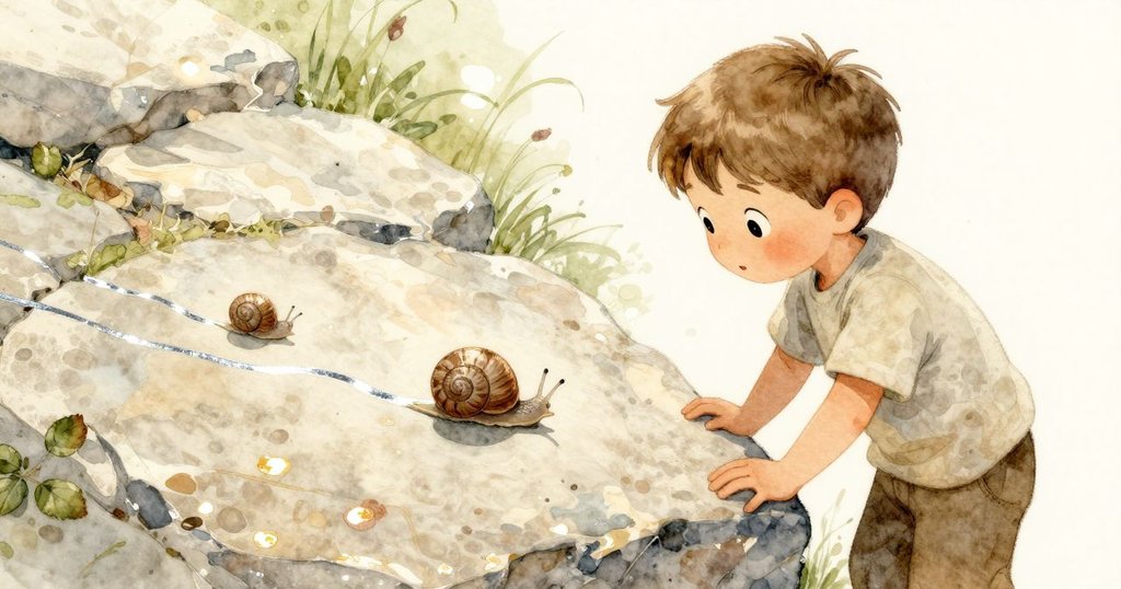 Clyde 停在平坦大石旁，專注觀察著閃爍銀光的蝸牛軌跡，陽光映照下，表情流露出對自然細節的驚奇和欣賞。