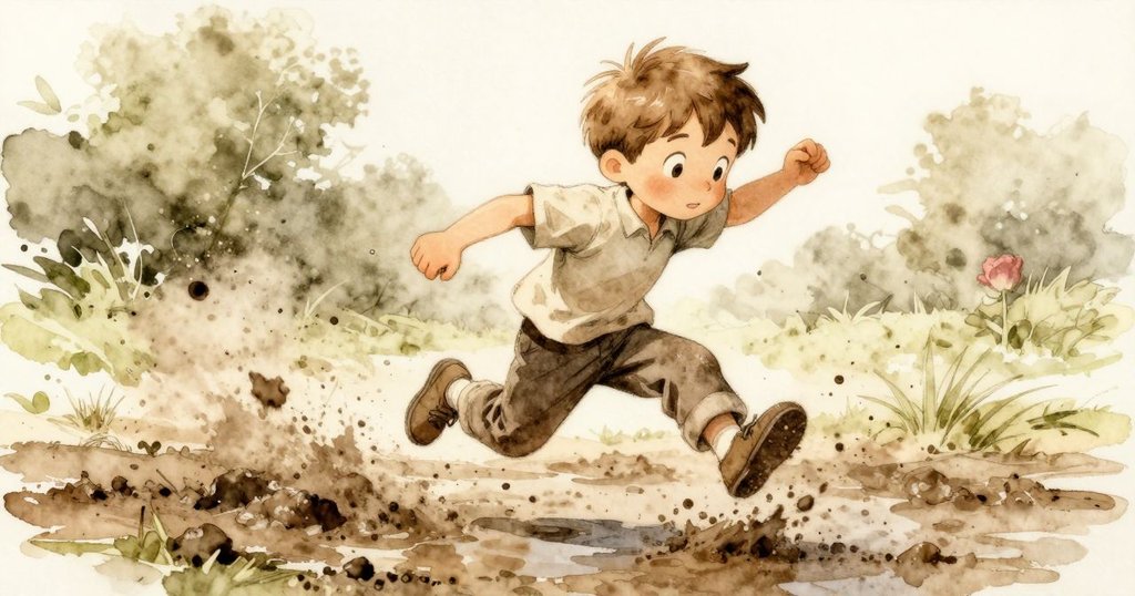 Clyde 活力四射地跳過泥濘水坑，空中展現出優雅動作，周圍塵土飛揚，充滿玩樂與活力的氛圍。