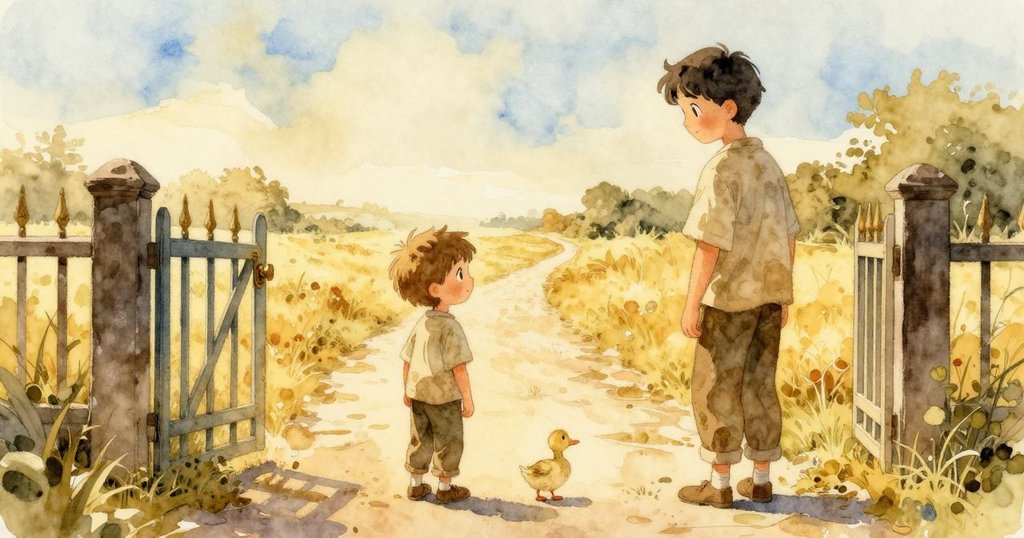 Clyde 與大人在開放的門口前停步回望，前方曲折小徑延展遠方，小鴨蹣跚而來，象徵著新的冒險與未來希望。