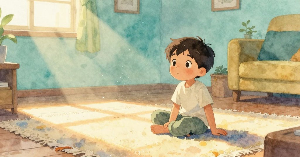 Sam 坐在陽光灑進的客廳裡，靜靜觀察飛舞的微塵，心情平和，光線溫暖且柔和。