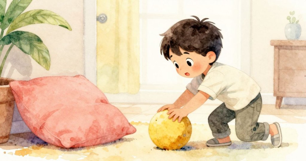 Sam 輕輕拍打圓形玩具塊，玩具滾向柔軟的枕頭，動作輕快，室內溫馨明亮。