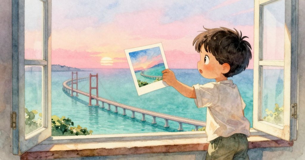 Sam 在開著窗的室內翻閱圖畫書，書頁上展現寬闊橋梁，外面晨光照射，充滿期待與好奇。