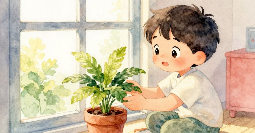 Sam 靠近窗邊的小盆栽，輕觸搖曳的葉子，臉上流露出對春日清新氛圍的欣賞與好奇。