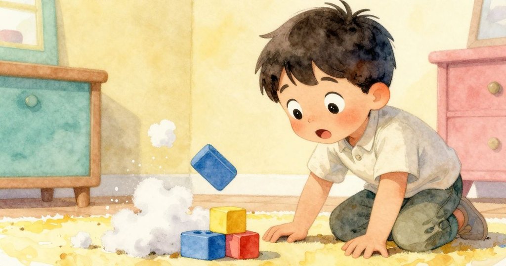 Sam 眼睛圓睜，注視著辦公室玩具積木倒入柔軟絮狀物中，室內光線明亮，充滿童趣懸念。