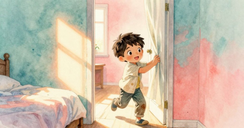 Sam 在晨光中推動窗簾，向走廊揮手問候，臉上滿是對新一天的期待，室內溫馨明亮。