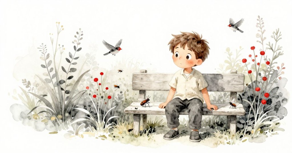 早晨花園中，少年Zev坐在長椅上聆聽滴水聲，小昆蟲與小鳥四處活動，氛圍溫暖平靜