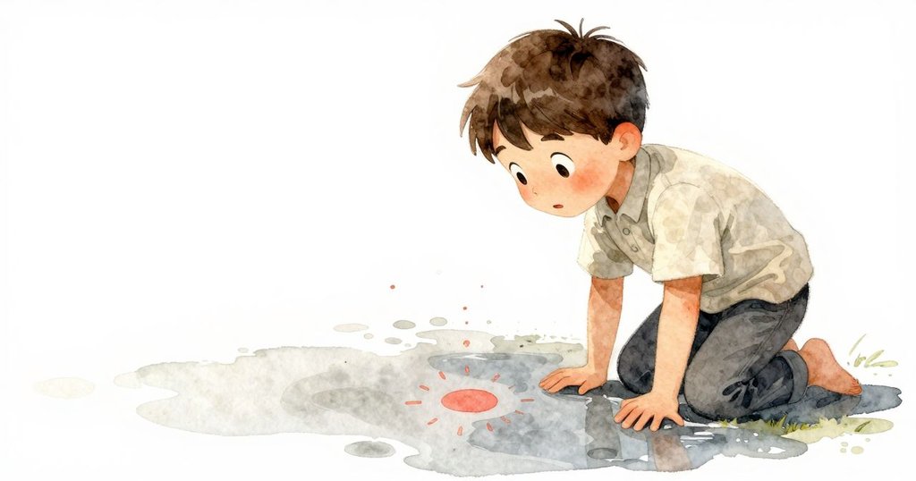 少年Zev注視著閃爍陽光的水潭，水面形成圓形光點，充滿驚奇與寧靜的氛圍